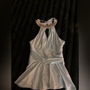 bebe Pale Blue Embellished Halter Top with Gold Accents